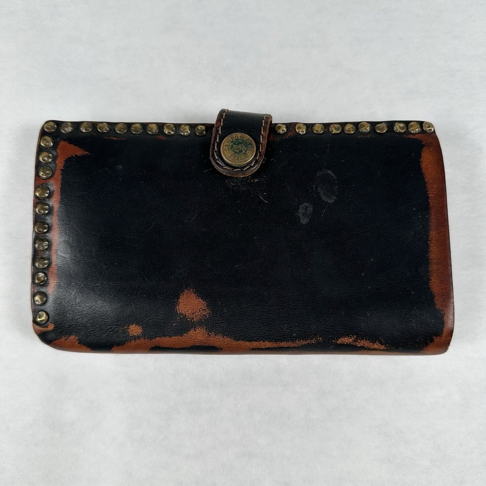Campomaggi Italy Distressed Leather Studded Long Wallet Clutch Snap Zip Brown